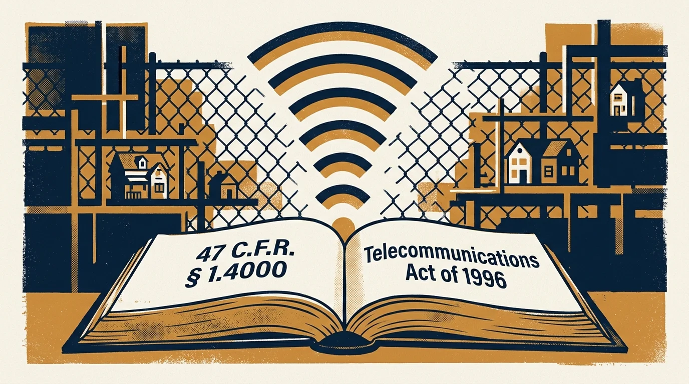 Illustration of an open law book with broadcast signal waves radiating above it behind chain-link fences and houses.