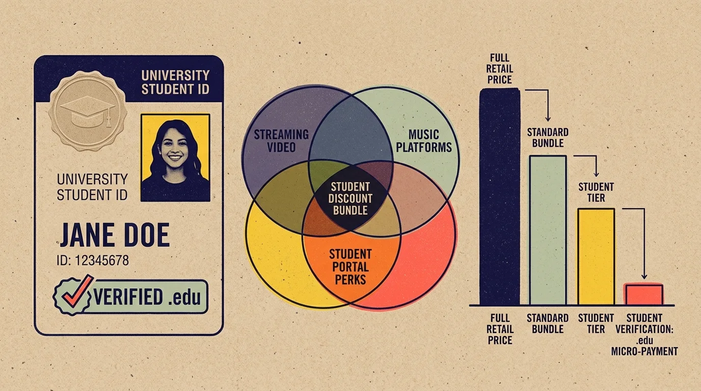 Illustration of a verified student ID card next to a Venn diagram and a descending bar chart of subscription prices.