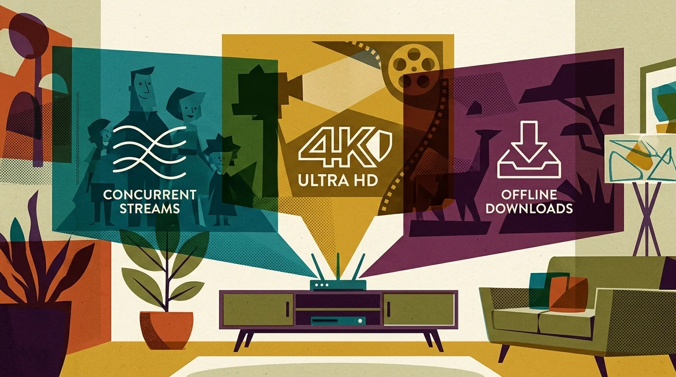 Living room illustration with projection panels highlighting concurrent streams, 4K Ultra HD, and offline downloads.