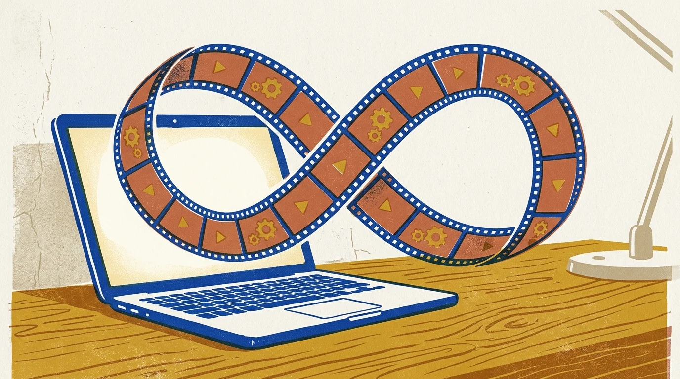 Illustration of an open laptop on a wooden desk with a film strip curving out of its screen in an infinity loop.