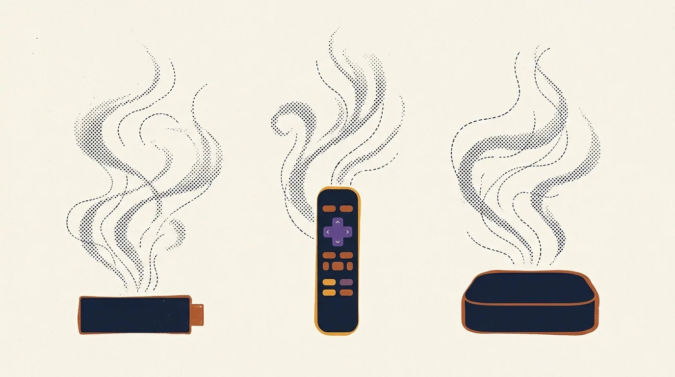 Illustration of a streaming stick, remote control, and set-top box emitting halftone patterned trails of smoke.