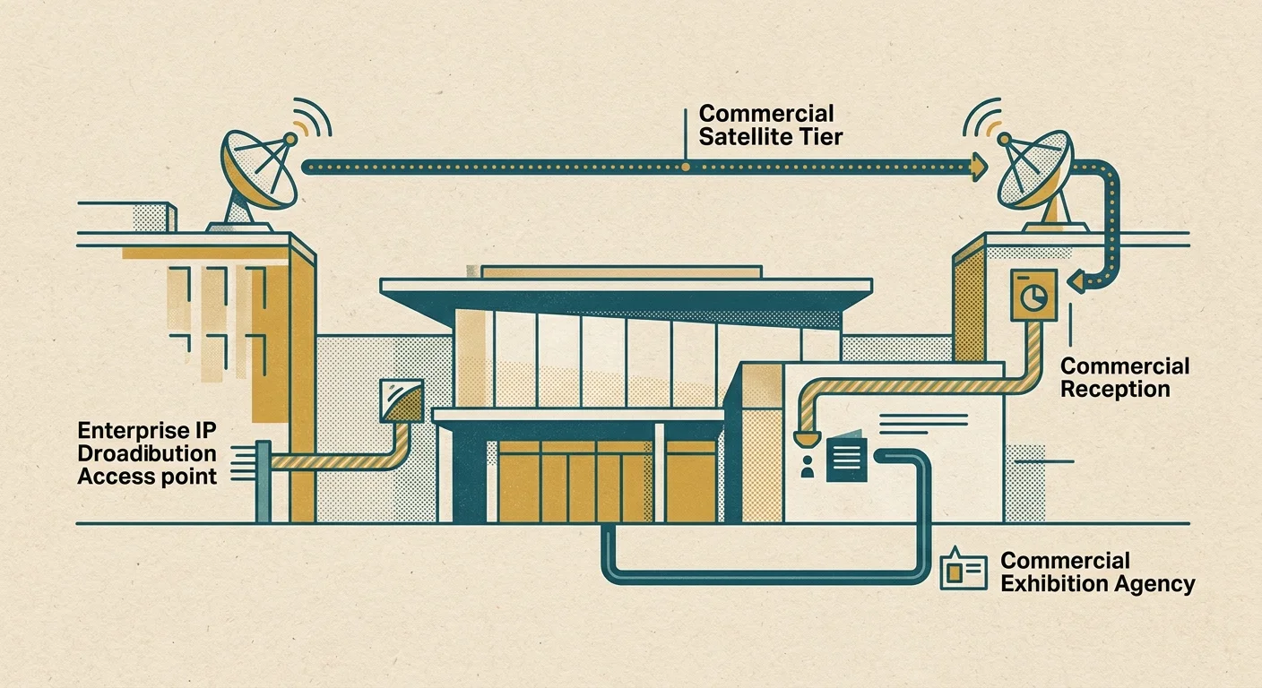 Architectural diagram showing satellite dishes, cables, and buildings labeled with commercial broadcasting access points.