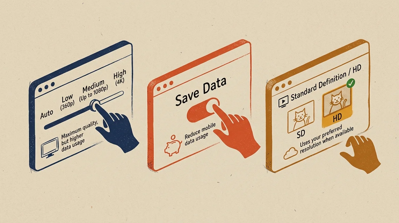 Illustration of three digital panels showing video quality sliders, a data-saving toggle, and resolution options.