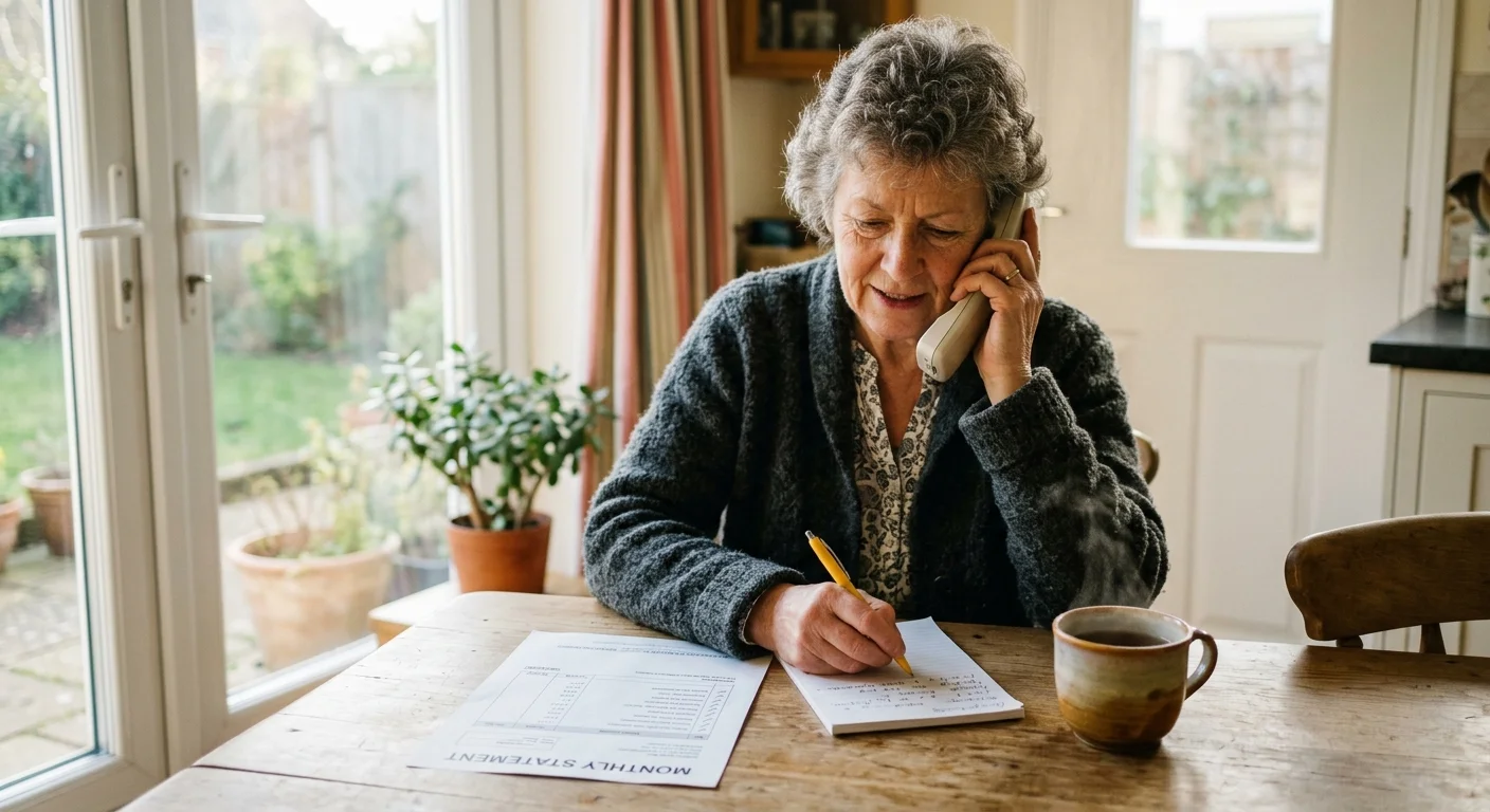 Senior woman talking on a landline phone while writing notes next to a monthly statement and a steaming mug.