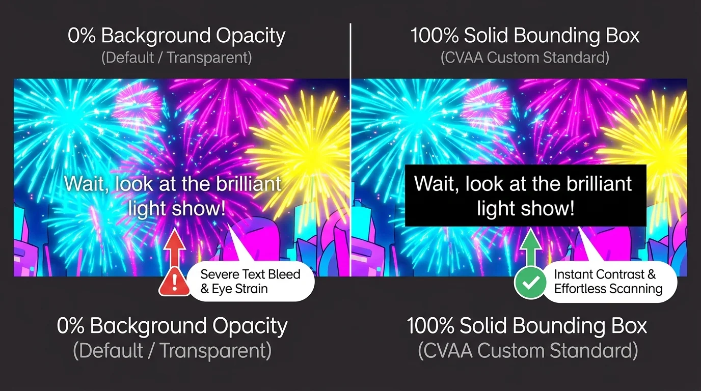 Side-by-side comparison of subtitles over fireworks: 0% opacity blending into visuals versus a 100% solid black bounding box.
