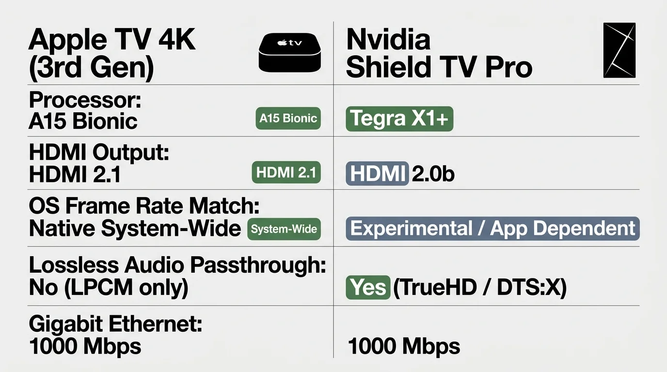Comparison table contrasting hardware specifications between Apple TV 4K 3rd Gen and Nvidia Shield TV Pro.