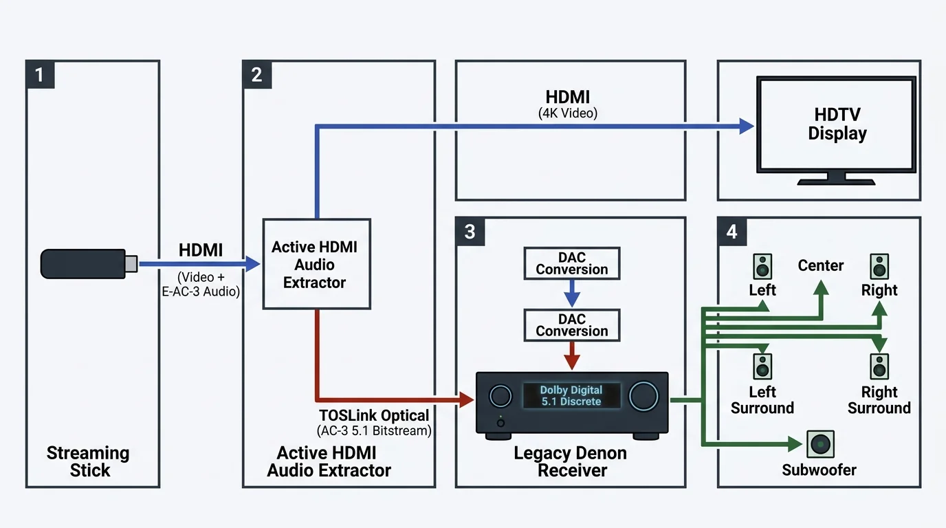 Diagram of HDMI signal flow from a streaming stick to an audio extractor, sending video to a TV and audio to a receiver.