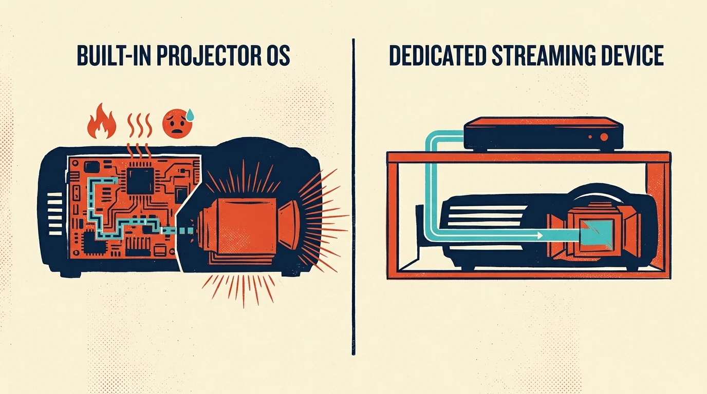Illustration comparing an overheating projector with built-in OS against a projector wired to a dedicated streaming device.