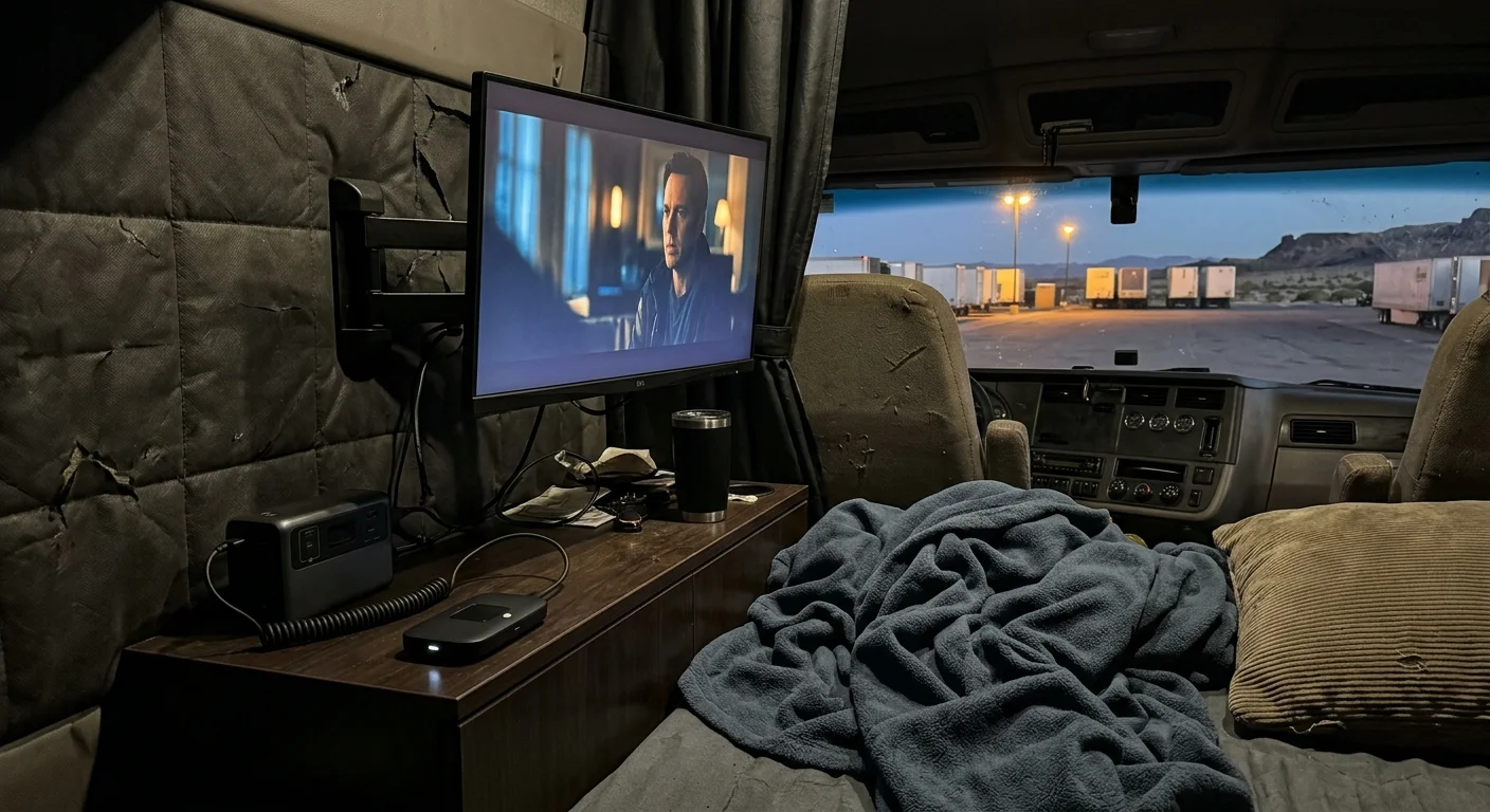 Sleeper cab interior of a semi-truck with a television mounted beside a bed overlooking a parking lot at dusk.