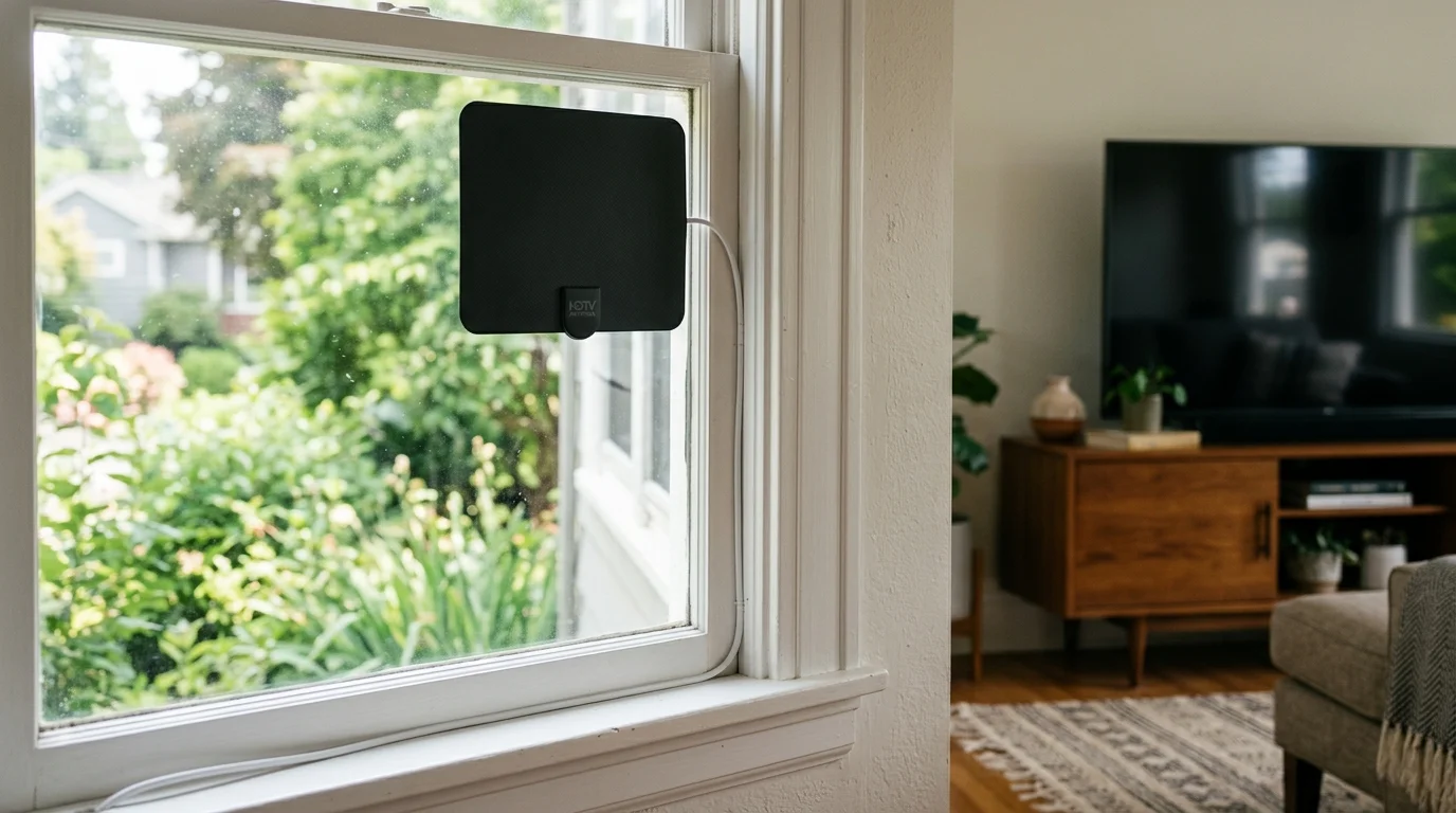 A flat black digital TV antenna mounted on a window inside a living room with a television in the background.