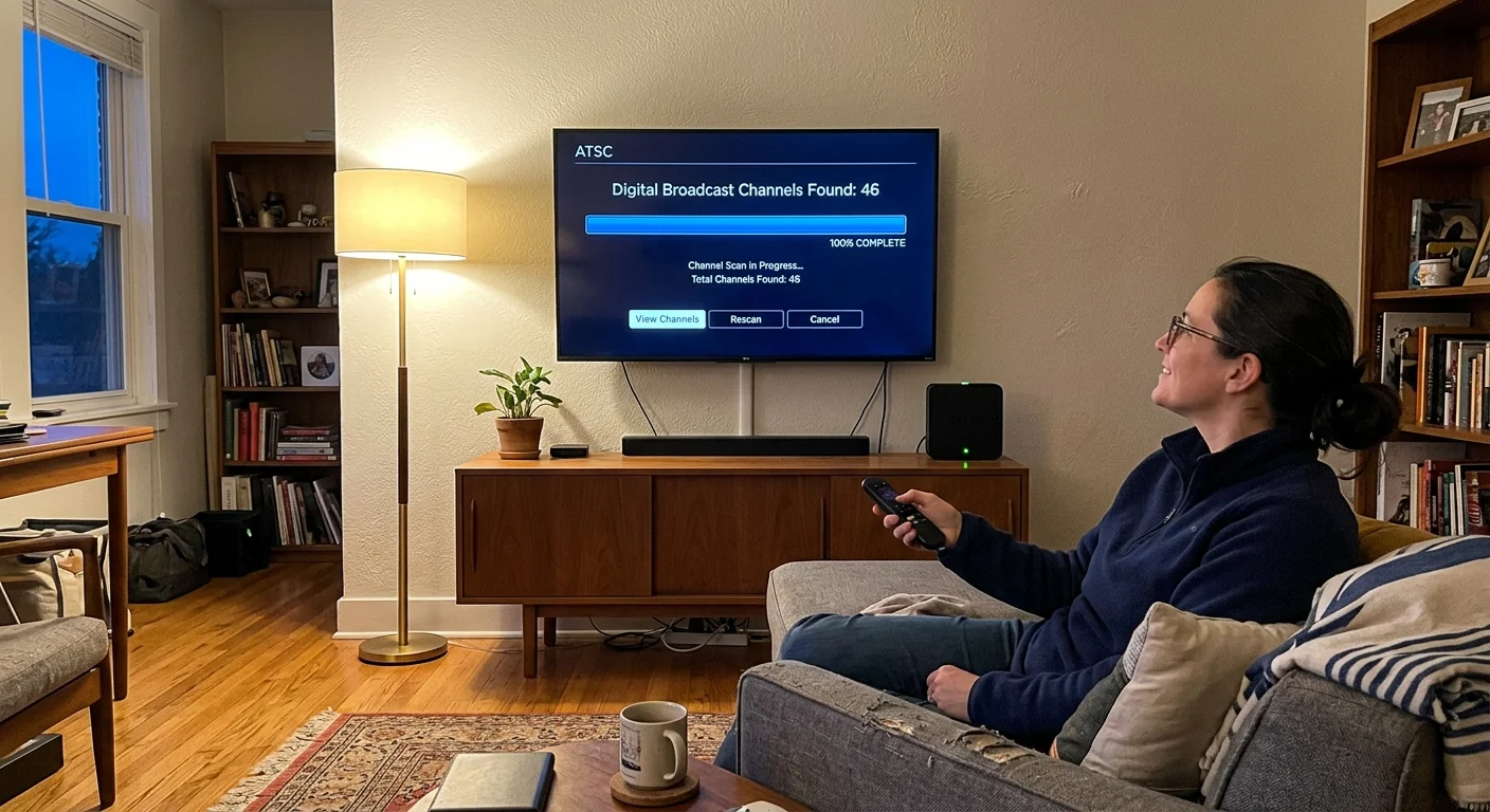 A woman on a living room sofa uses a remote while an on-screen TV prompt displays completed digital channel scan results.