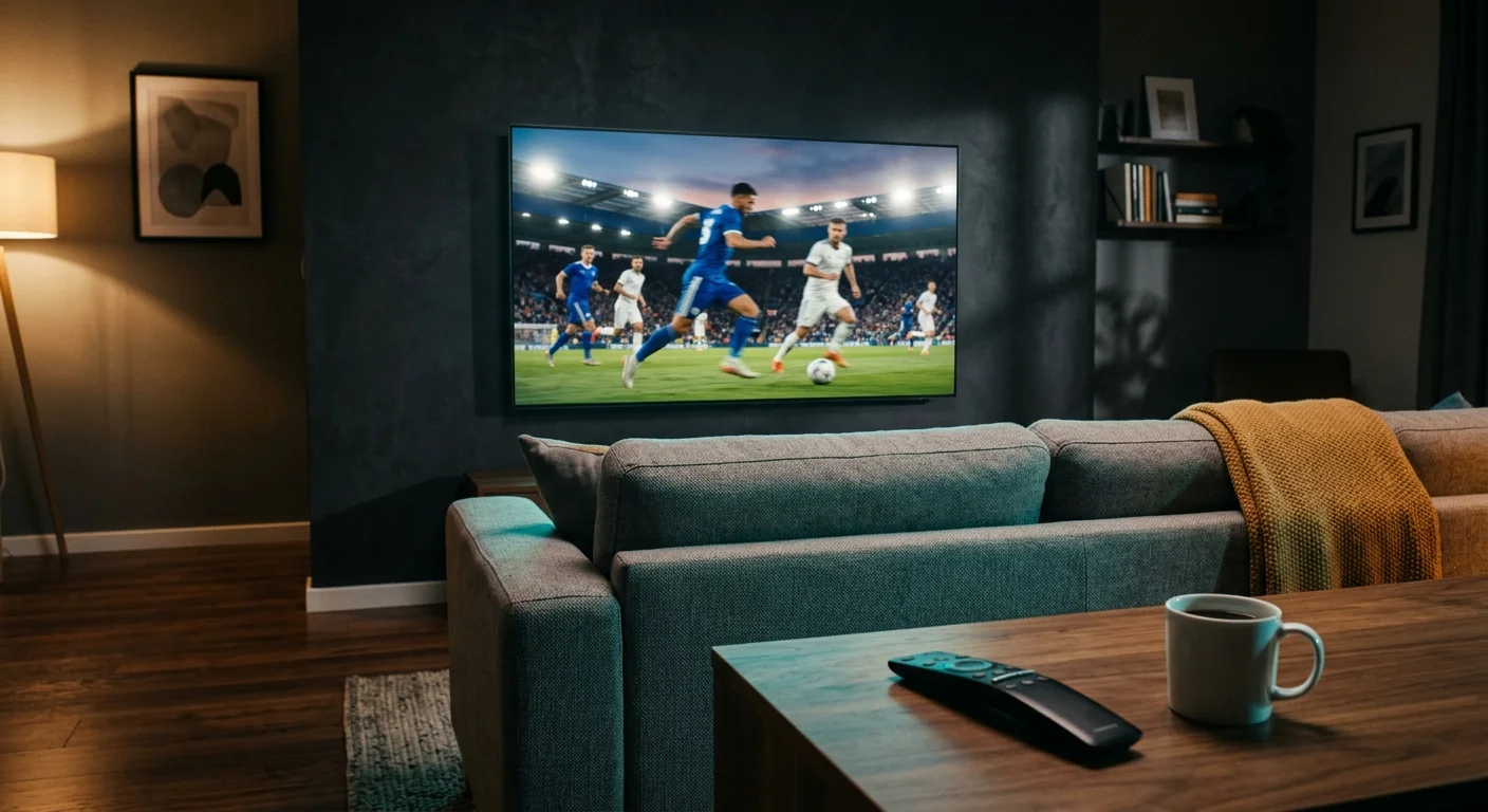 Television mounted on a living room wall displaying a soccer game behind a sofa, remote control, and coffee mug.