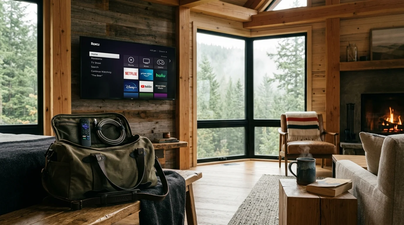 A duffel bag holding a streaming remote sits in a rustic timber cabin featuring a wall-mounted TV and a forest view.