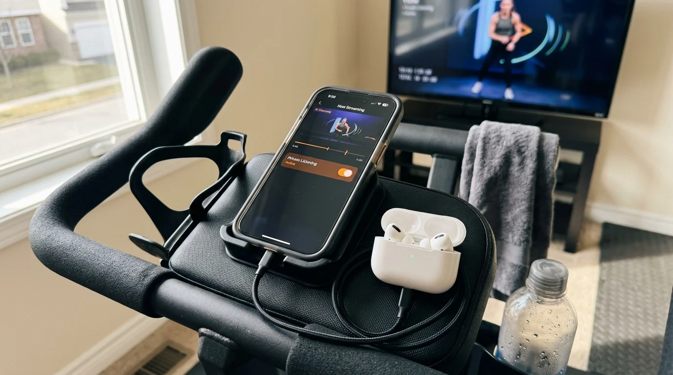 A smartphone resting on stationary bike handlebars next to open wireless earbuds, with a workout video playing on a TV.