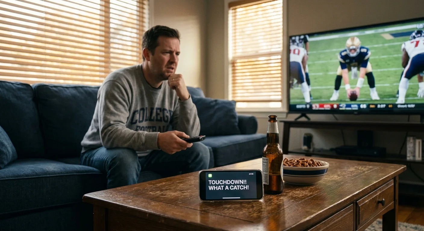Man on a couch watching football while a smartphone on a coffee table displays a spoiler text message about a touchdown.