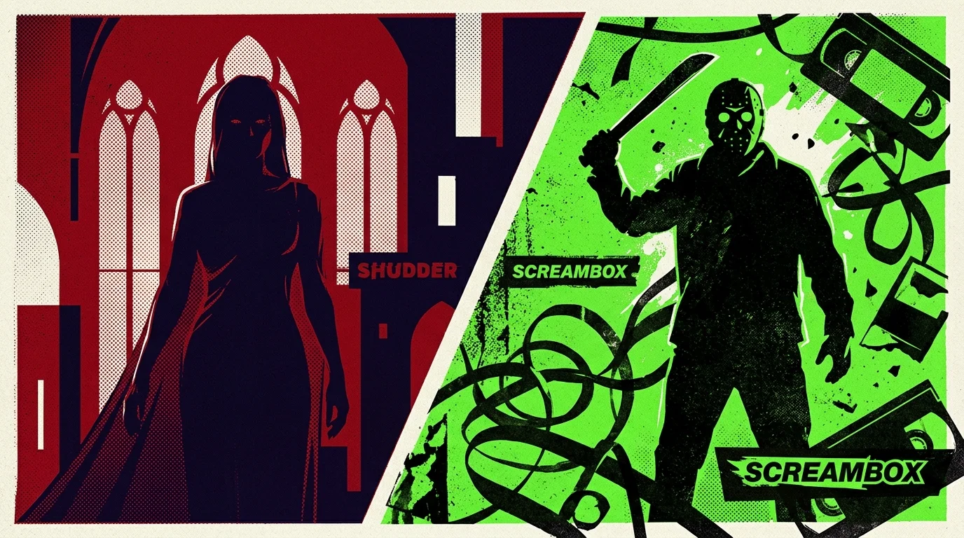 Split illustration of a gothic figure on red for Shudder beside a masked killer with a machete on green for Screambox.