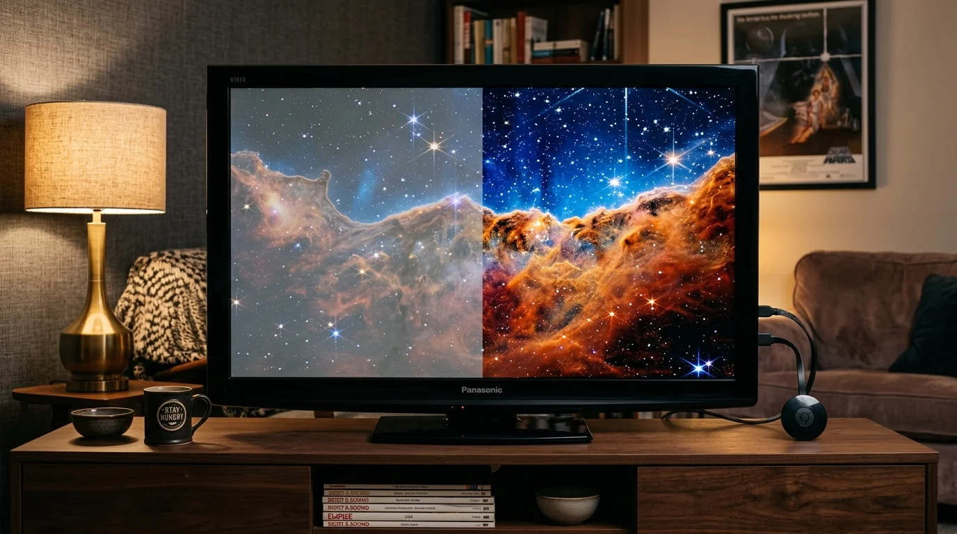 A television displaying a split-screen space image, showing washed-out colors on the left and deep, vibrant colors on the right.