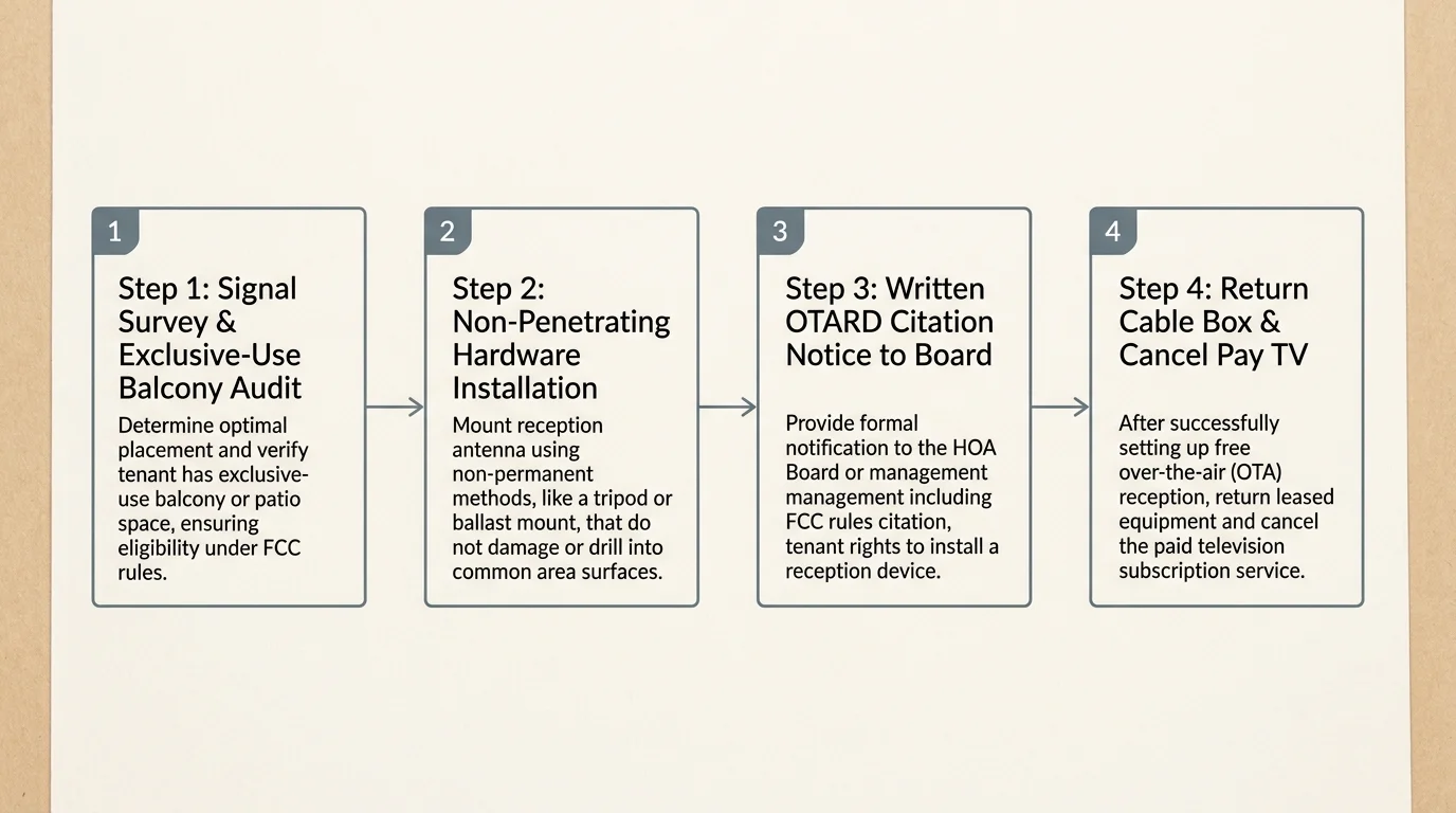 Four-step flowchart detailing balcony audit, hardware installation, written OTARD board notice, and returning cable boxes.