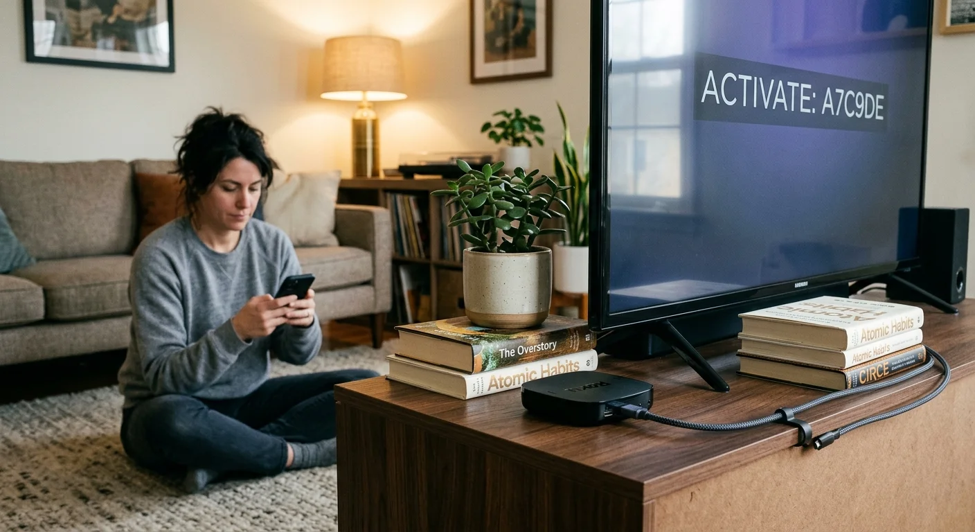 A woman sitting on a living room rug using her smartphone in front of a TV displaying an activation code.