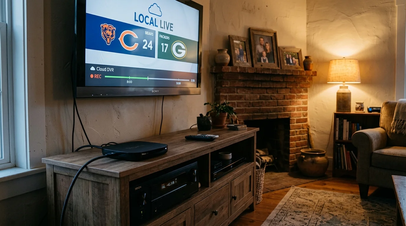 Living room television displaying a football score graphic on screen above an entertainment console and brick fireplace.