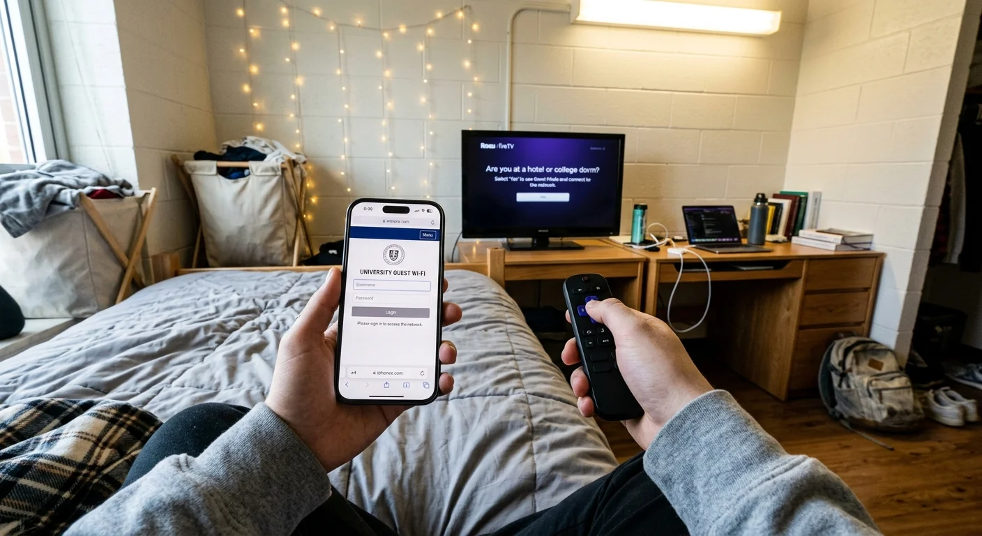 Person holding a phone displaying a university Wi-Fi login screen and a TV remote in a dorm room facing a television.