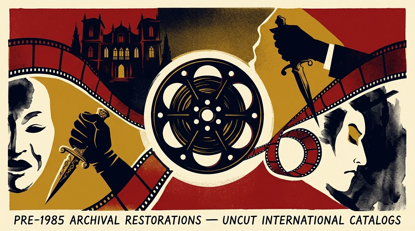 Illustration of film reels, film strips, masked faces, a castle, and gloved hands holding ornate daggers.