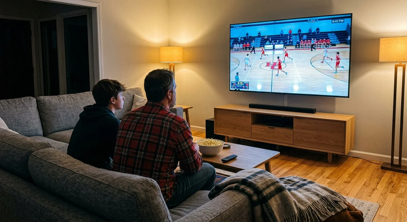 A man and teenager sitting on a living room couch watching a high school basketball game on a mounted flat-screen TV.