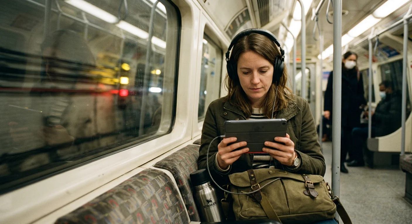 A woman wearing headphones sits inside a subway car holding a tablet in both hands.