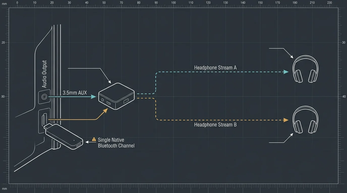 Diagram showing a streaming stick and TV audio output routing through a dual-link transmitter box to two headphones.