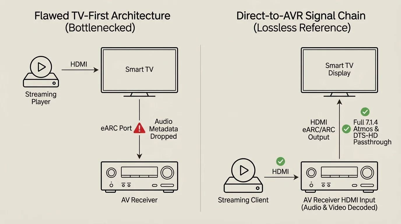 Diagram comparing a flawed TV-first architecture dropping audio metadata with a direct-to-AVR chain decoding full audio.