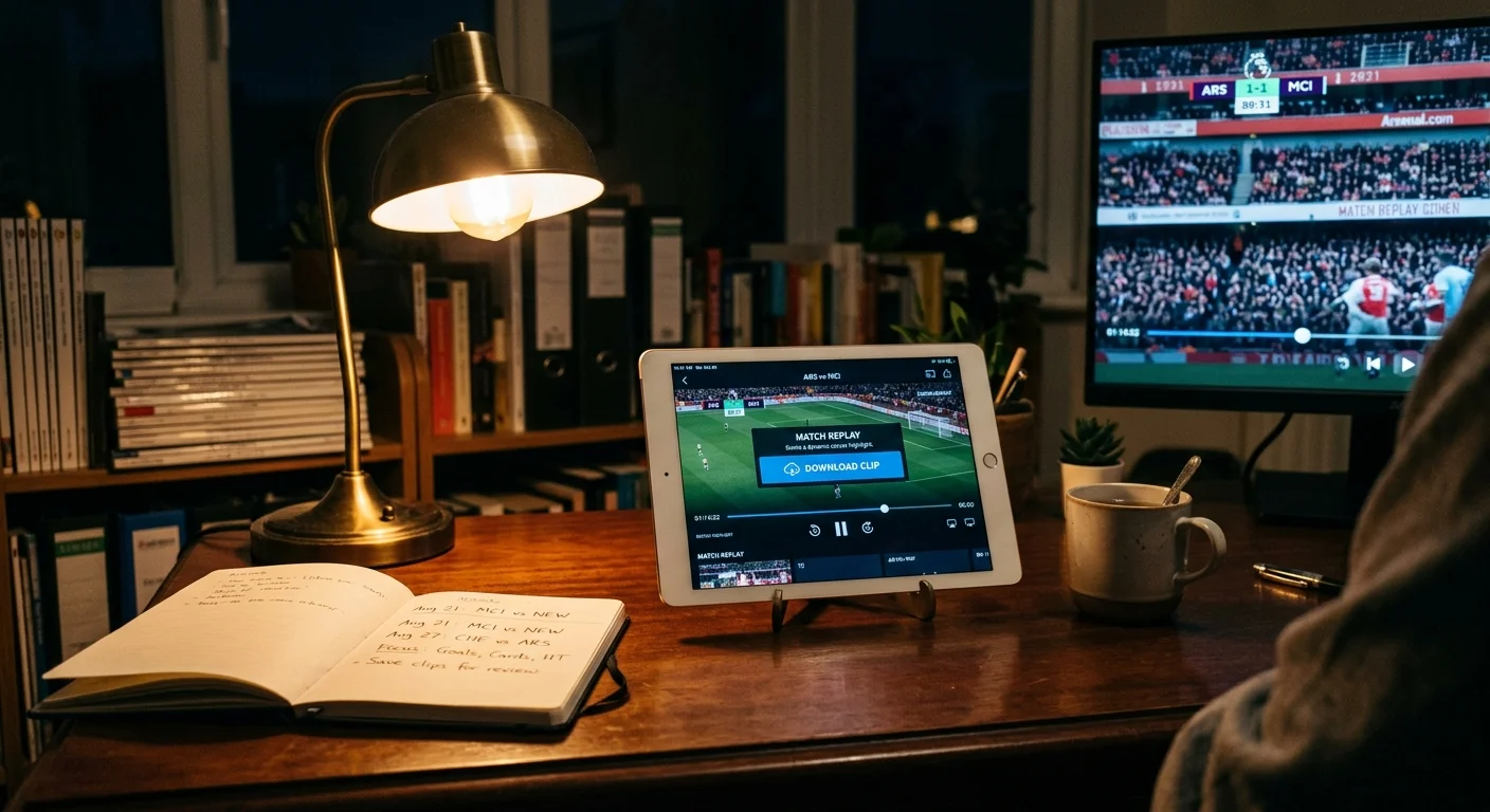 Tablet playing a match replay on a wooden desk beside a notebook, lamp, mug, and monitor displaying a soccer game.