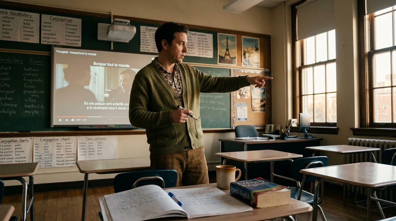 A male teacher stands in a classroom gesturing beside a screen displaying a video with French subtitles.