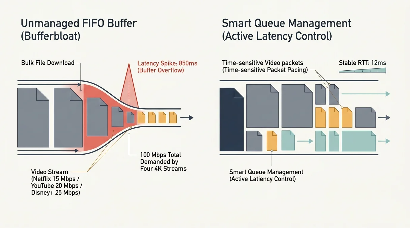 Diagram comparing an unmanaged FIFO buffer causing latency spikes against smart queue management with stable latency.