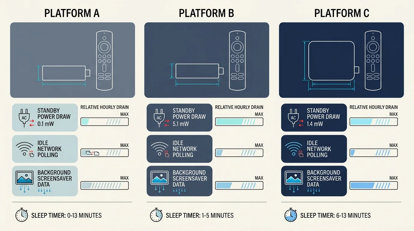 Diagram comparing three streaming platforms on standby power draw, idle network polling, screensaver data, and sleep timer.