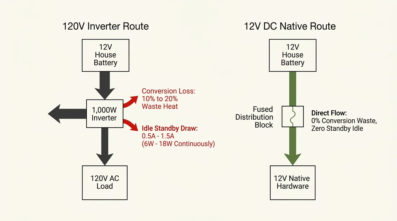Diagram comparing energy loss in a 120V inverter route against direct flow in a 12V DC native route.
