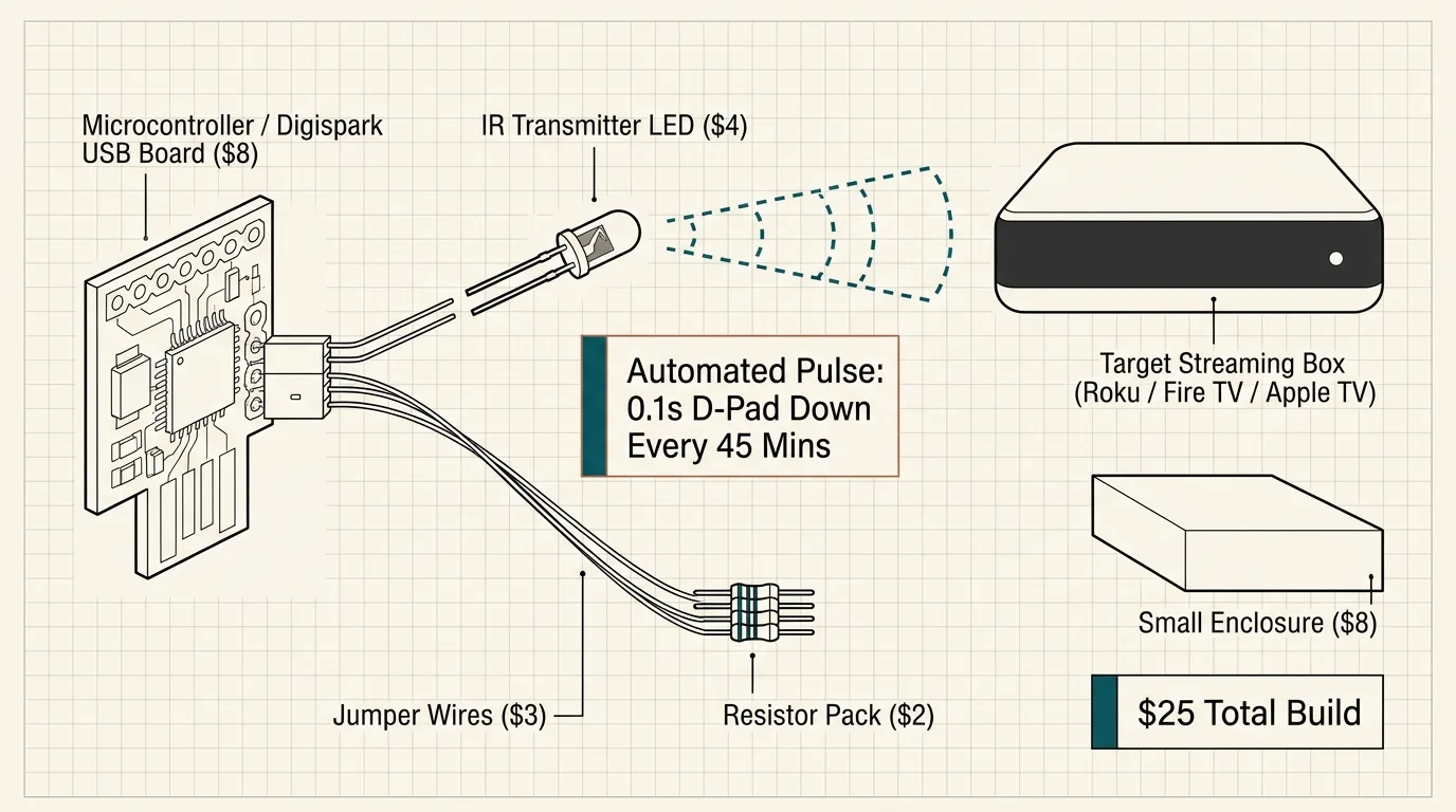 Wiring diagram of a microcontroller connected to an IR transmitter sending pulses to a streaming box for a $25 total build.