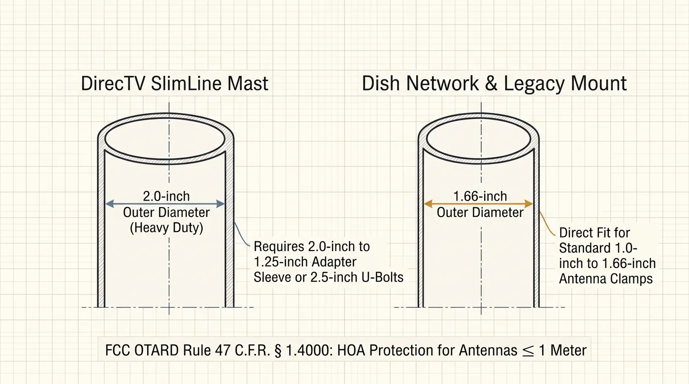Technical diagram comparing a 2.0-inch DirecTV SlimLine mast with a 1.66-inch Dish Network mount pipe.
