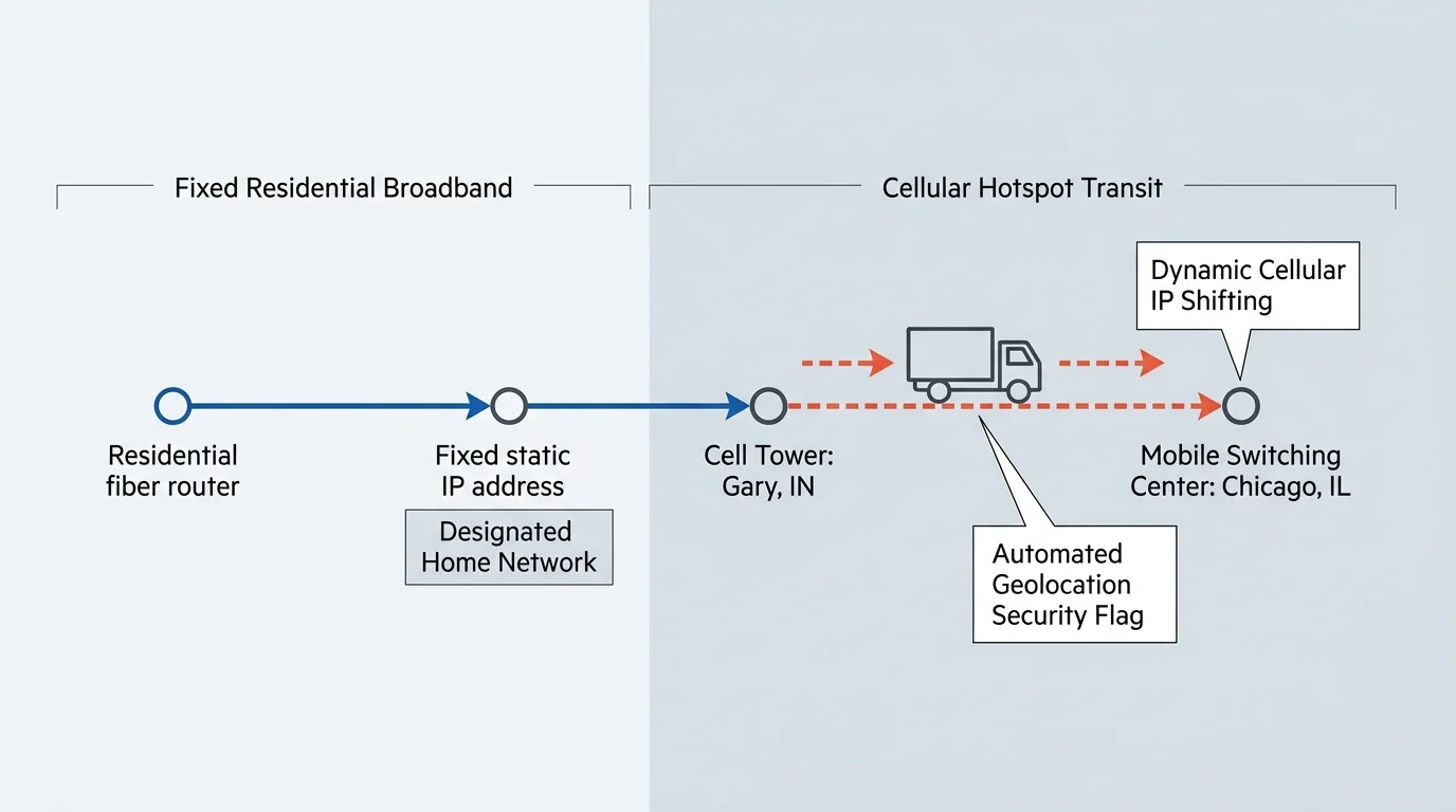 Diagram contrasting fixed residential broadband with cellular transit from a Gary cell tower to a Chicago switching center.