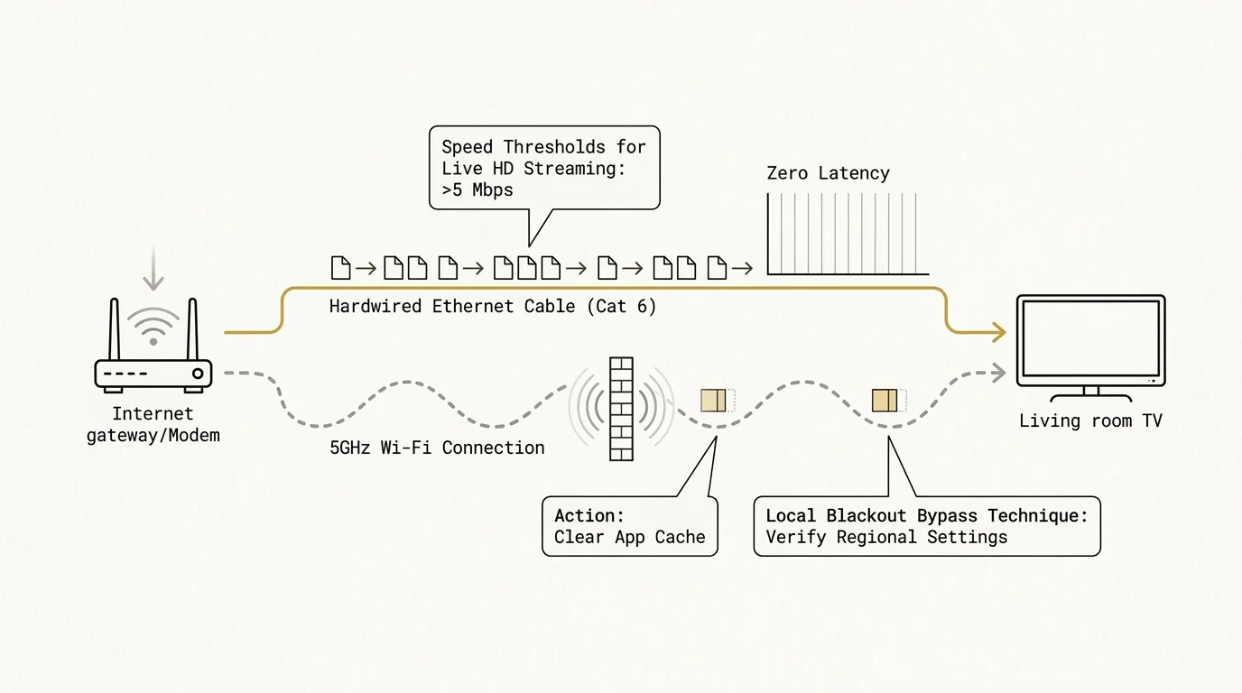Diagram comparing a hardwired Ethernet connection and a 5GHz Wi-Fi path connecting an internet gateway to a living room TV.
