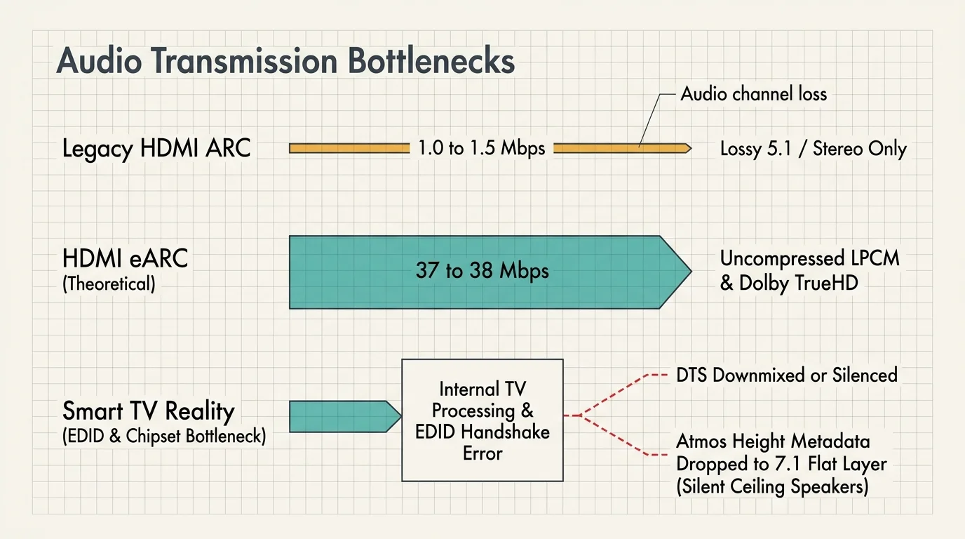 Diagram comparing audio bandwidth pipelines across legacy HDMI ARC, theoretical HDMI eARC, and smart TV EDID bottlenecks.