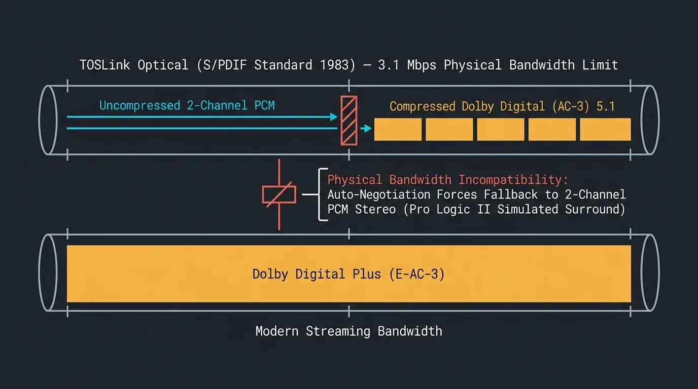 Diagram comparing TOSLink optical bandwidth carrying AC-3 against modern streaming bandwidth carrying Dolby Digital Plus.