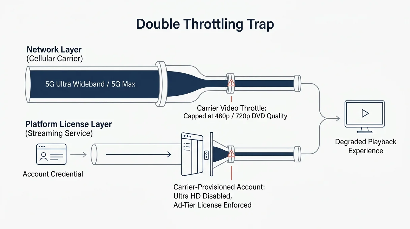 Diagram illustrating the double throttling trap with network layer and platform license layer bottlenecks leading to a screen.