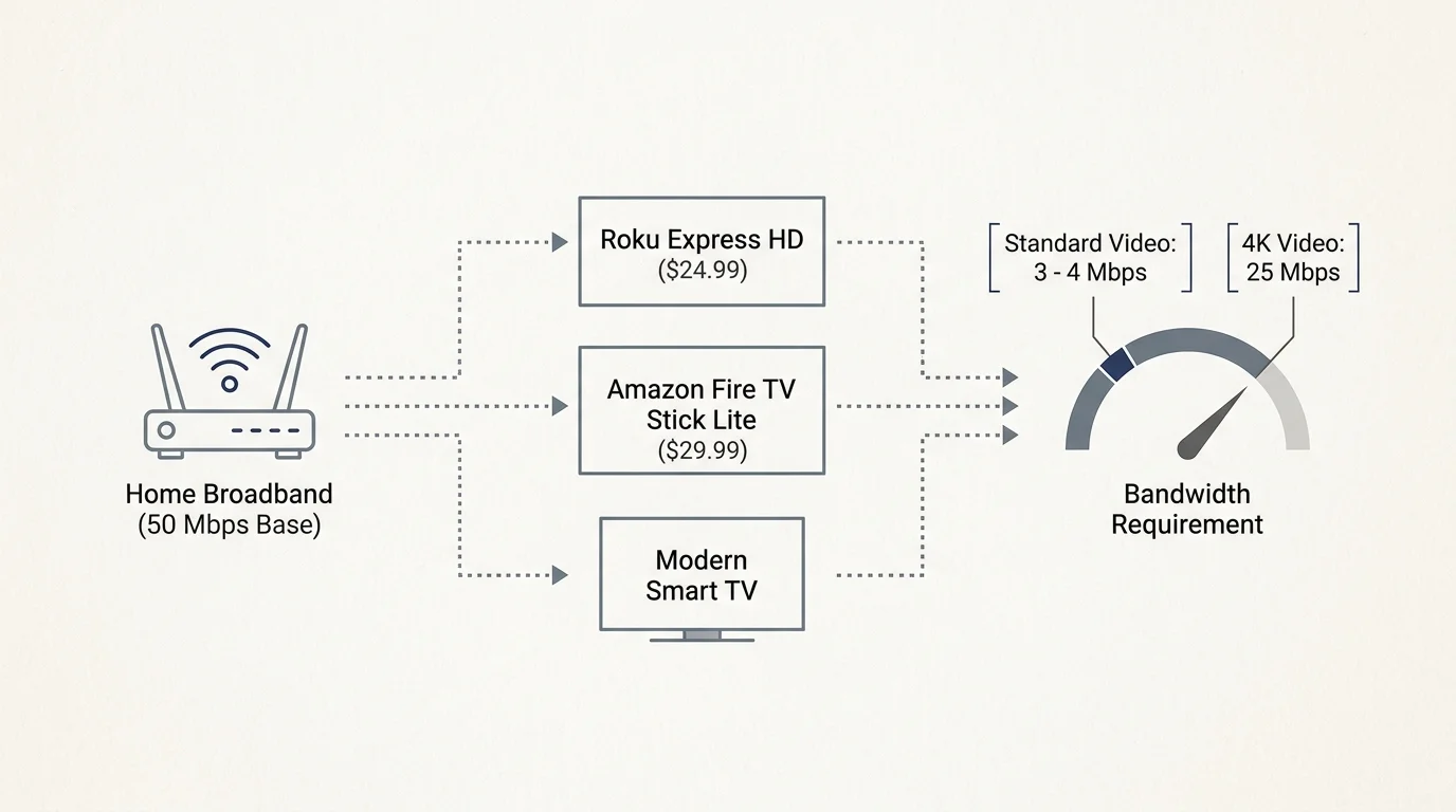 Diagram linking home broadband to a Roku Express HD, Fire TV Stick Lite, or Smart TV, pointing to a bandwidth requirement meter.