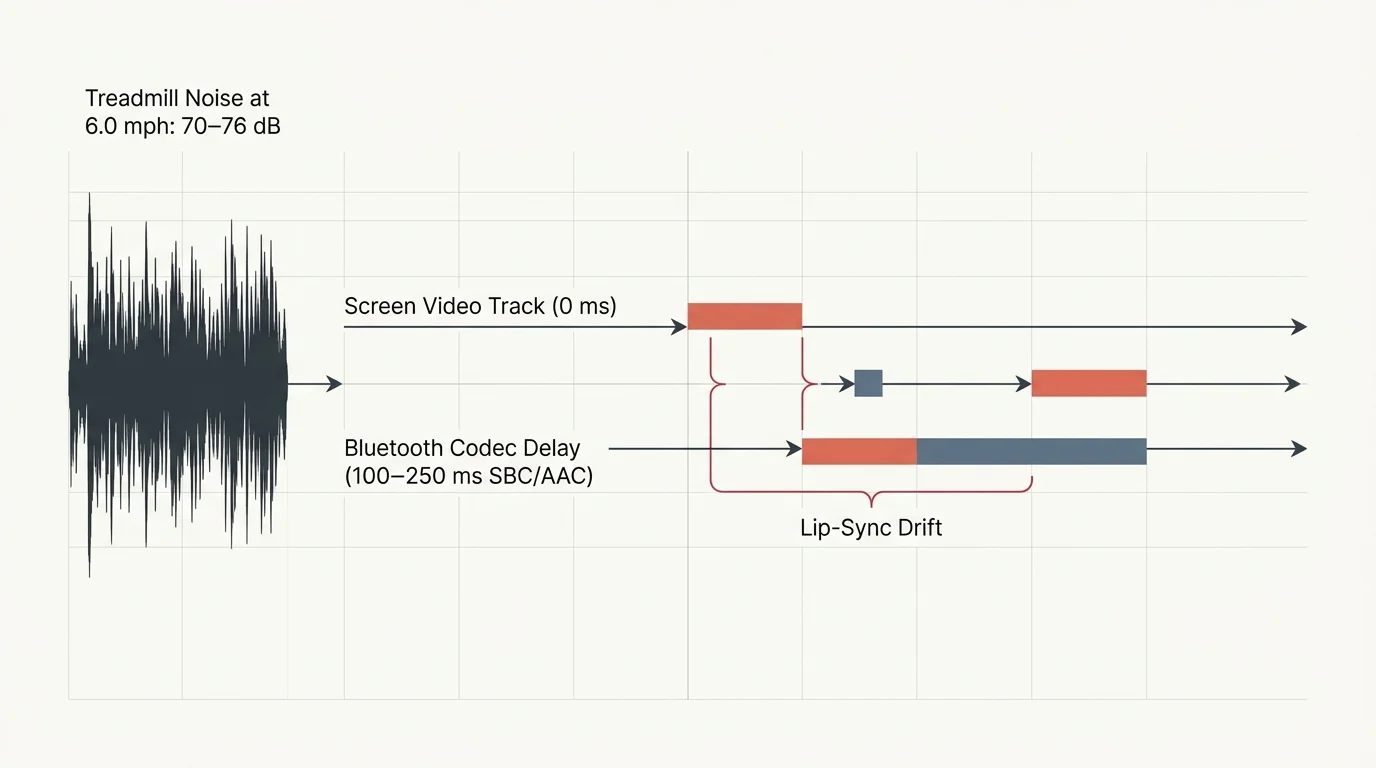 Diagram illustrating treadmill noise audio waveforms and lip-sync drift caused by Bluetooth codec delay versus video.