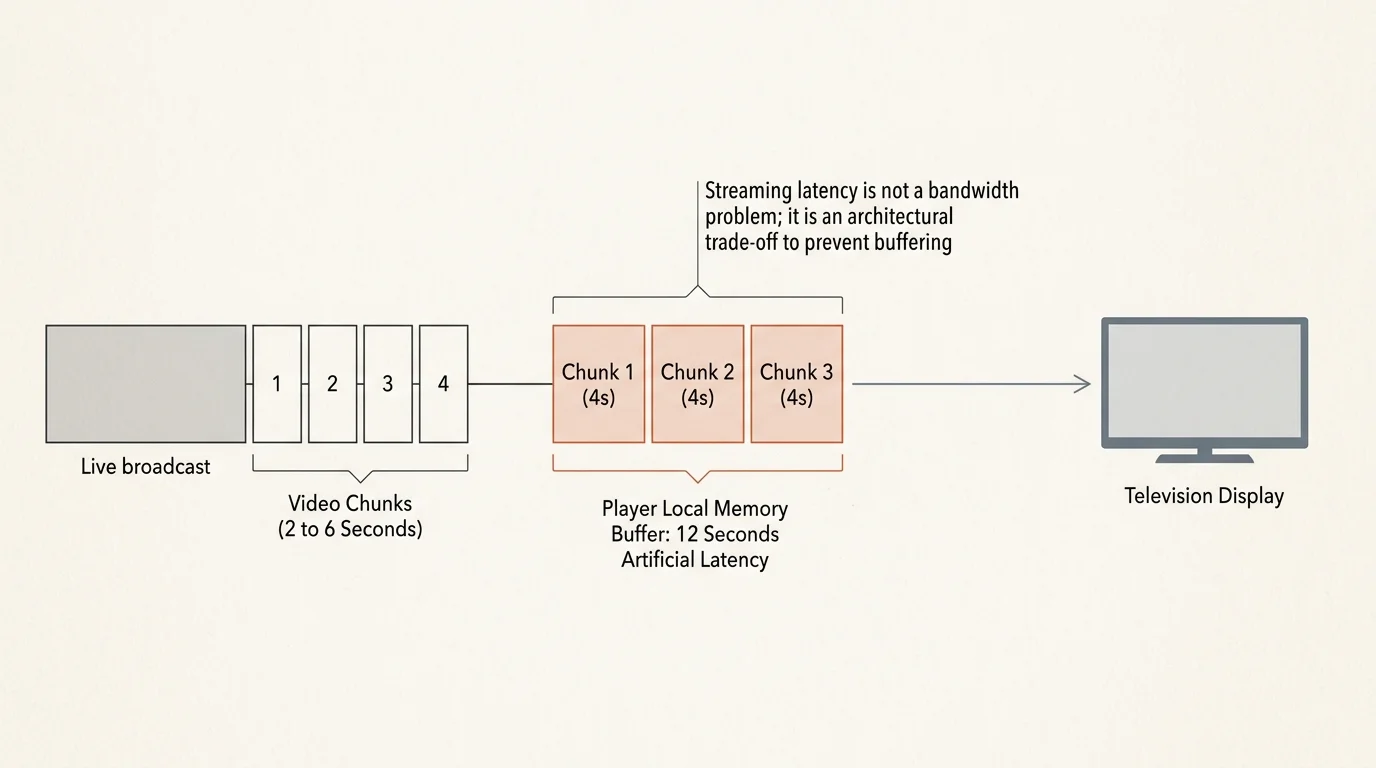 Diagram showing a live broadcast split into chunks that fill a player buffer before reaching a television display.