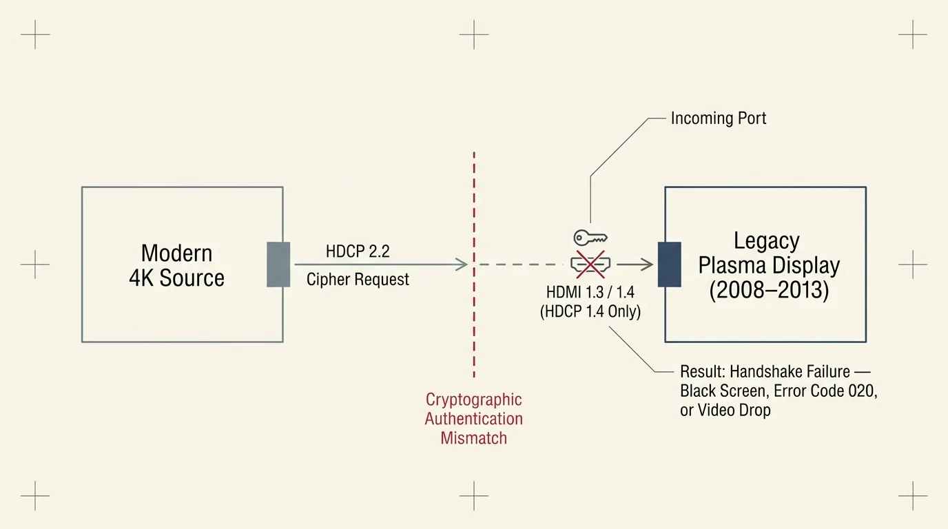 Diagram of an HDCP 2.2 cipher request failing to authenticate with a legacy plasma display via HDMI 1.3 or 1.4.