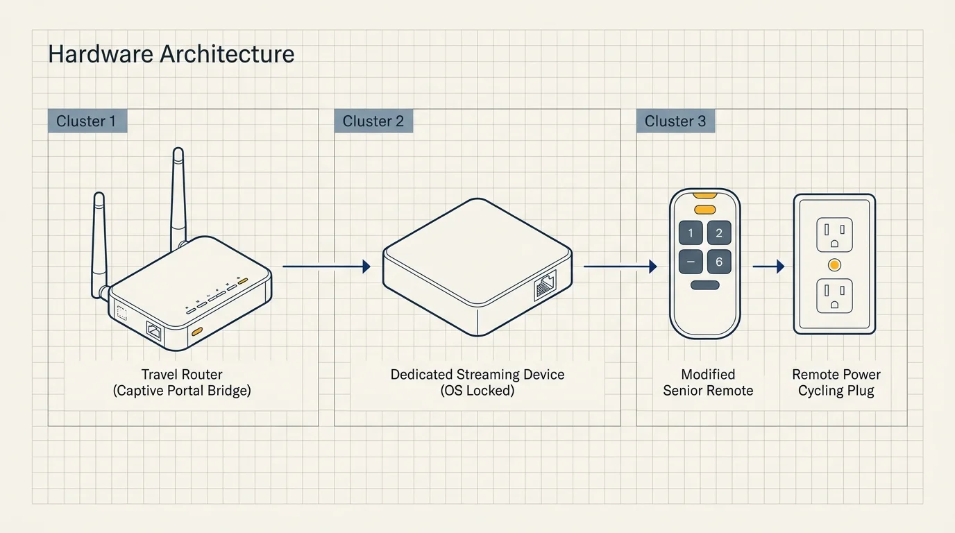 Hardware architecture diagram showing a travel router, dedicated streaming device, modified senior remote, and smart plug.