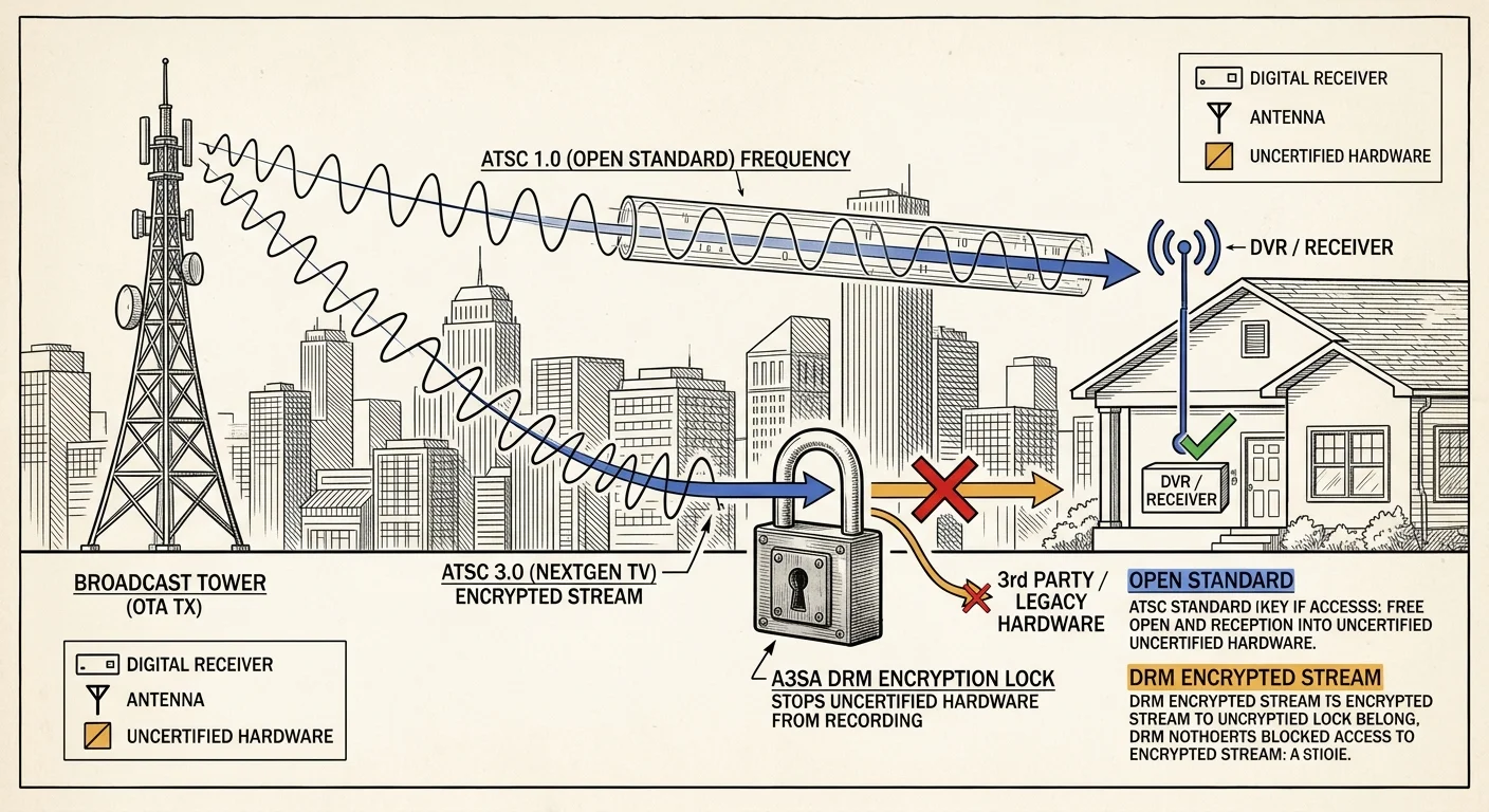 Diagram contrasting unencrypted ATSC 1.0 transmission to a DVR with an encrypted ATSC 3.0 stream blocked by a padlock.