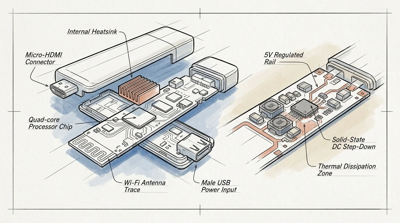 Diagram of an exploded streaming stick showing its processor chip, internal heatsink, circuit board, and USB power input.