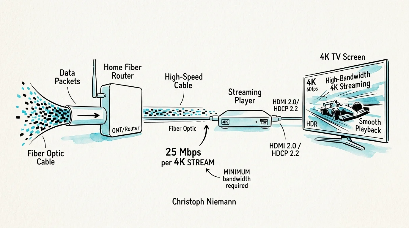 Diagram of a home network setup showing data flow from a fiber optic router to a streaming player and 4K television.